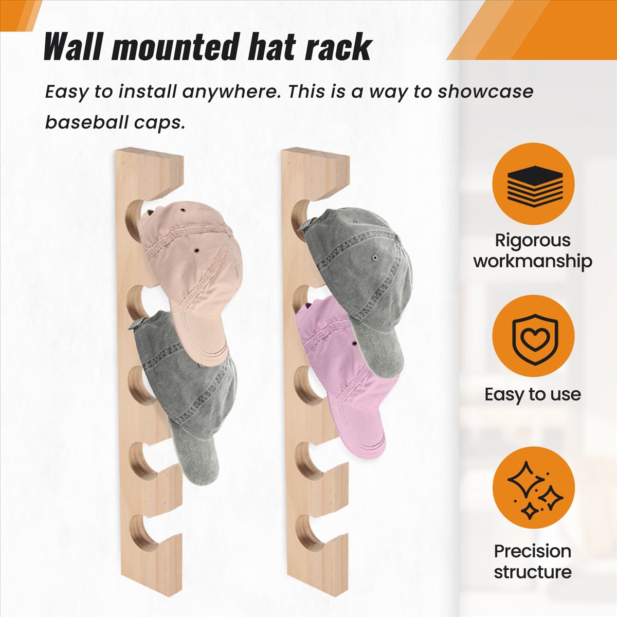 2 PCS Hat Rack for Wall Wooden Baseball Caps Organizer Mount Holder ...