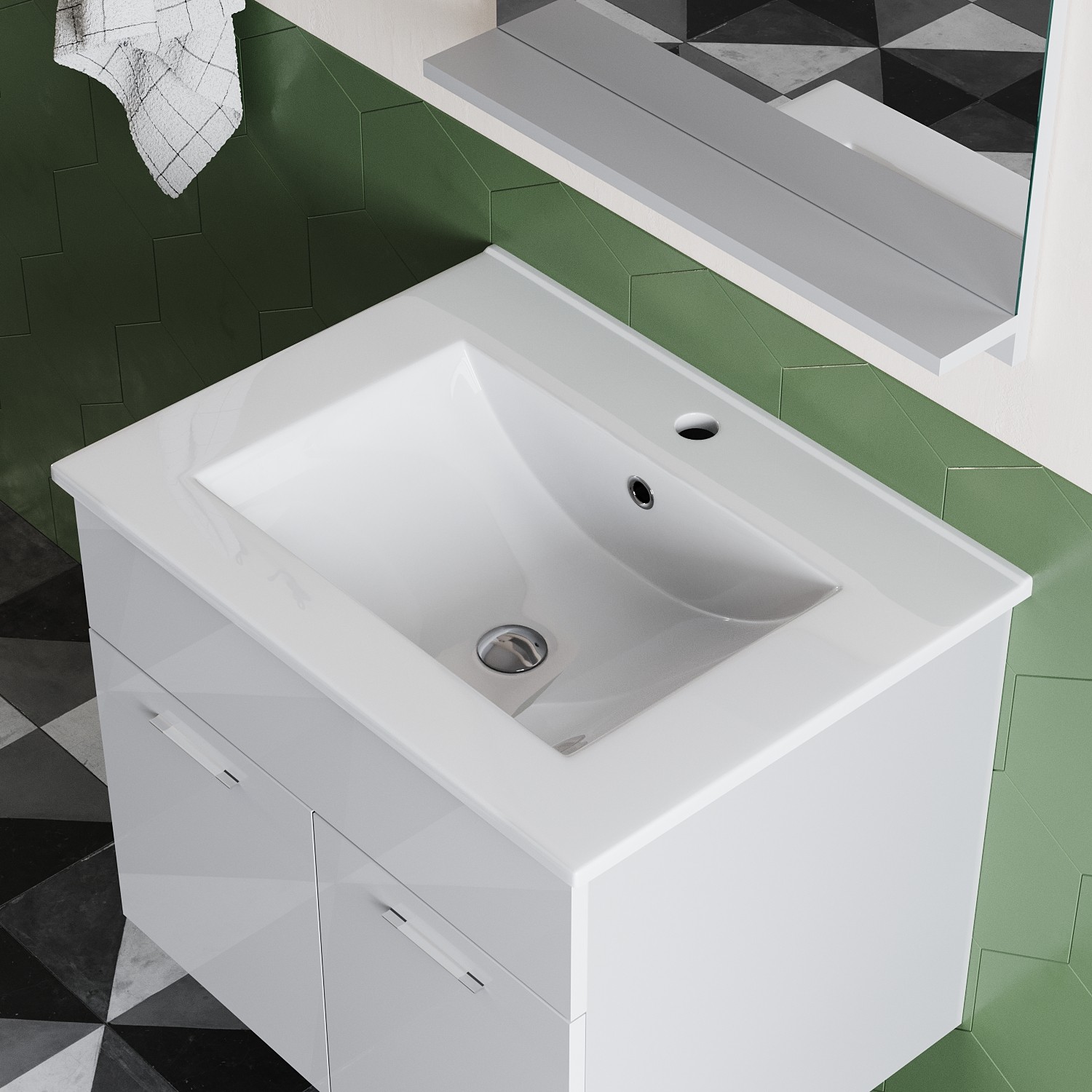 Bild 41 - Badmöbel Set Hochglanz Waschbecken Badezimmermöbel mit Spiegel Hochschrank Grau