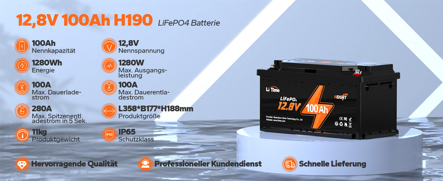 LiTime 12V 100Ah H190, LiFePO4 Batterie, hoch188mm Max. 15000 Zyklen,  Geeignet für den Untersitz der meisten Wohnmobile, Perfekter Ersatz für  Blei-Säure Batterie-Packung1
