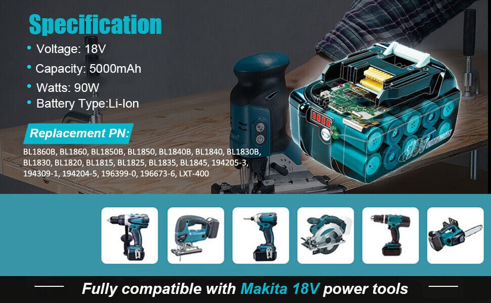 Paquet de 2 18V 5.5Ah Batterie de Rechange pour Makita 18V BL1850B BL1860B  Batterie BL1830B BL1850 BL1860 BL1840 BL1830 BL1820 BL1815 avec indicateur  LED 5500mAh