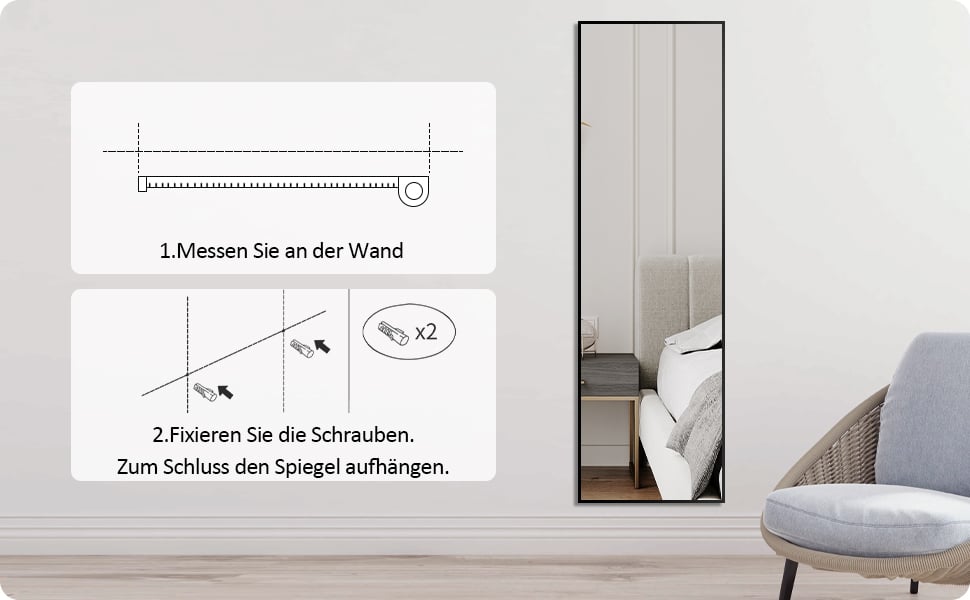 Boromal Ganzkörperspiegel Standspiegel Wandspiegel groß Schwarz 160x40cm  Alu-Rahmen (Hochspiegel Eckig, mit Metall-Haken), 5mm Kupfer- und  bleifreier Spiegel,Freistehend,Wandmontage