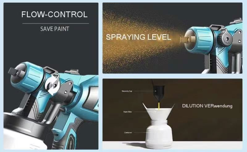 HVLP Paint Gun controls the paint output by adjusting the flow control knob 