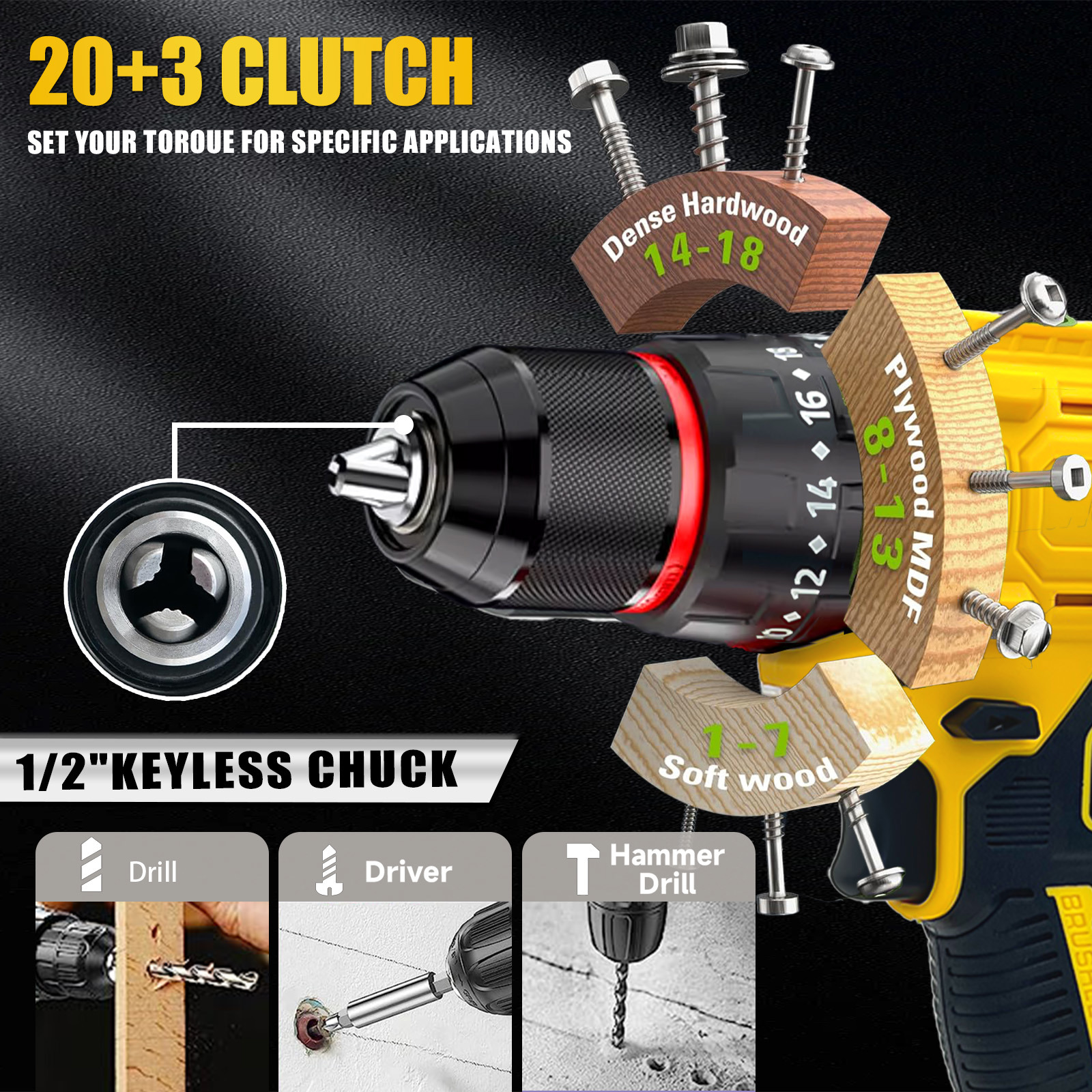 Screwdrivers 20V Cordless Brushless Powerful Combi Drill Driver Electric Screwdriver Set with Tail Hammer 20 3 Torque 2 Gear Safety Lock 3 8 Chuck LED Light No Battery Compatible With Dewalt Battery