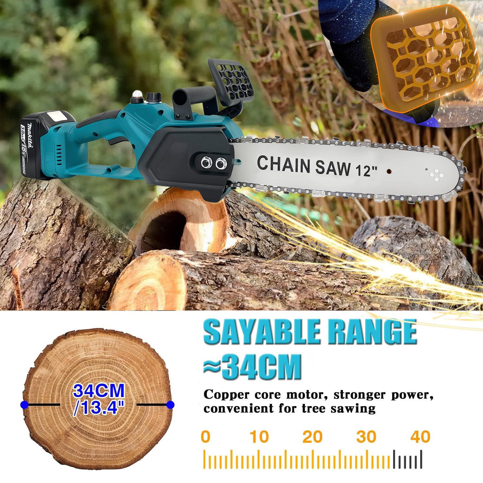 Cordless Chainsaws Brushless 12 inches Powerful Electric Battery Chainsaw with 2 Chains 2 Batteries 5.5A Charger Chain Saw for Garden Tree Pruning Compatible with Makita Battery