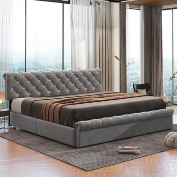 OKWISH Polsterbett Jugendbett (180*200 mit Lattenrost ohne Matratze), mit höhenverstellbares Kopfteil, Holzlattenunterstützung, Einfache Montage, Samt, grau