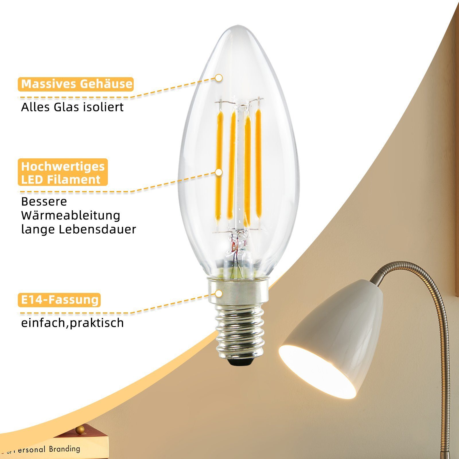 Ampoule ZMH E14 lampe bougie blanc chaud 4W 2700K ampoule rétro LED à filament, E14, 6 pièces, 2700k, protection des yeux