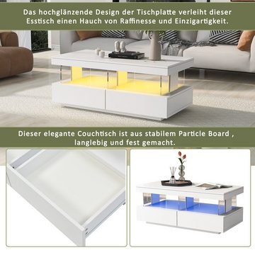 OKWISH Couchtisch Sofatisch Teetisch Kaffeetisch Beistelltisch Tisch (Moderner Hochglanz-Sofatisch Wohnzimmertisch Hochglanzoberfläche, 100*60*49.5cm), Langlebige, kratzfeste und glatte Tischplatte LED-Beleuchtung