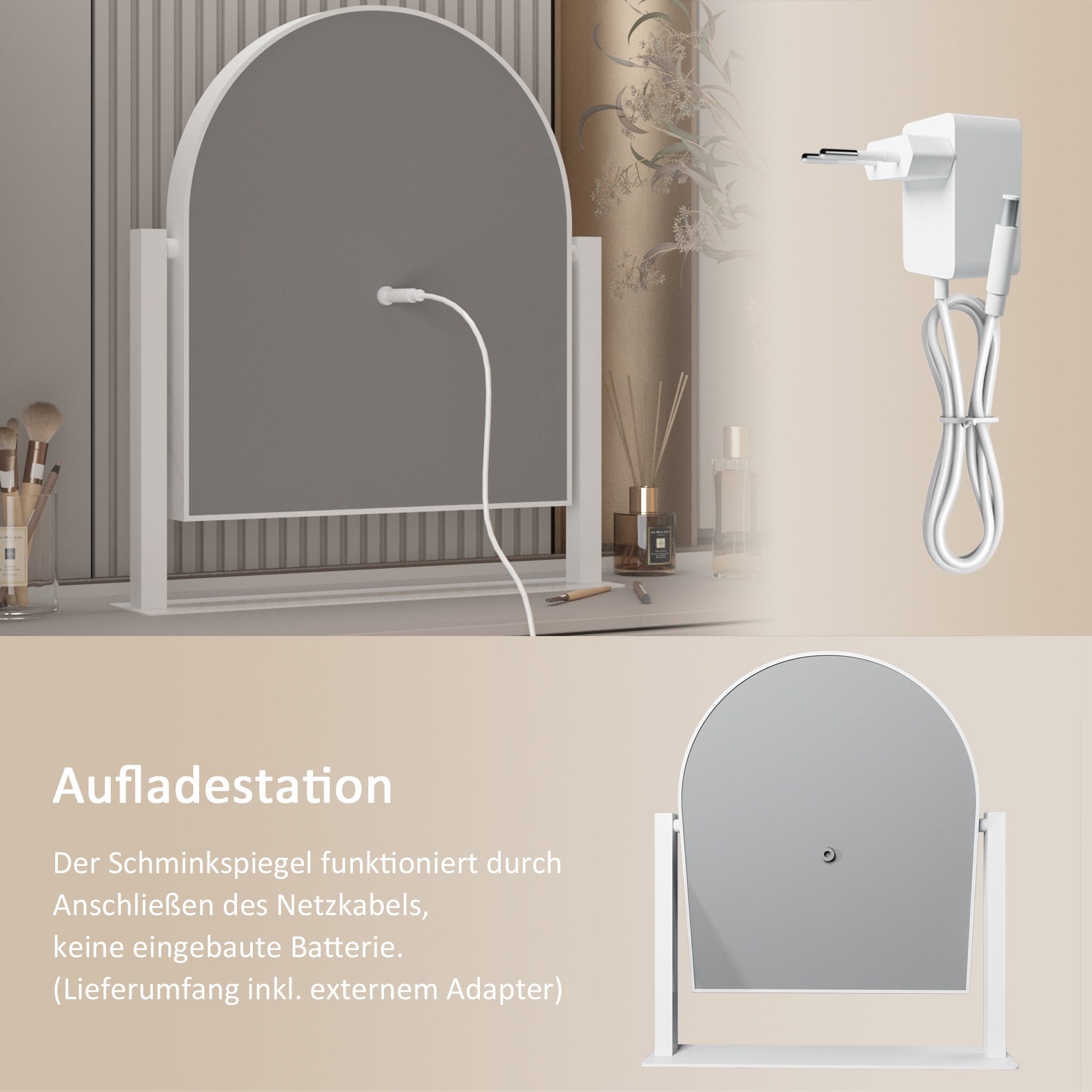 WDWRITTI Kosmetikspiegel mit licht LED Schminkspiegel 10x Vergrößerung (Tischspiegel, Kalt/Neutral/Warmweiß, Dimmbar, Speicherfunktion), 360°Drehbar, mit Netzadapter