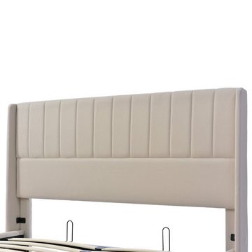 OKWISH Polsterbett Stauraumbett Hydraulisches Bett (160x200cm Beige Leinen ohne Matratze), Bett mit Lattenrost aus Metallrahmen