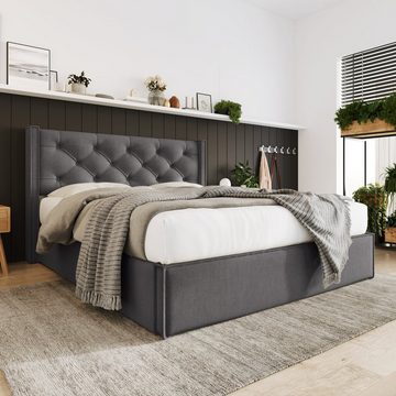 OKWISH letto imbottito idraulico, 140x200 cm, letto con rete a doghe in metallo cornice, cotone