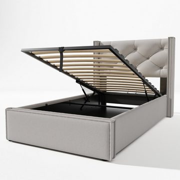 OKWISH Letto imbottito idraulico, 140x200 cm, letto con rete a doghe in metallo, cotone, materasso incluso