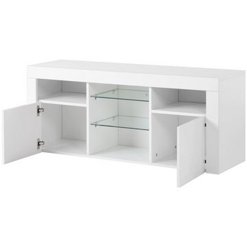 OKWISH TV-Schrank TV-Tisch, TV-Ständer mit 2 Schränken mit Türen und 5 offenen Regalen (Hochglanz-TV-Schrank Einstellbares LED-System, weiß 120*35*50cm Multifunktionale Aufbewahrung) 16-farbige LED-Beleuchtung, TV-Möbel für bis zu 55 Zoll Fernseher