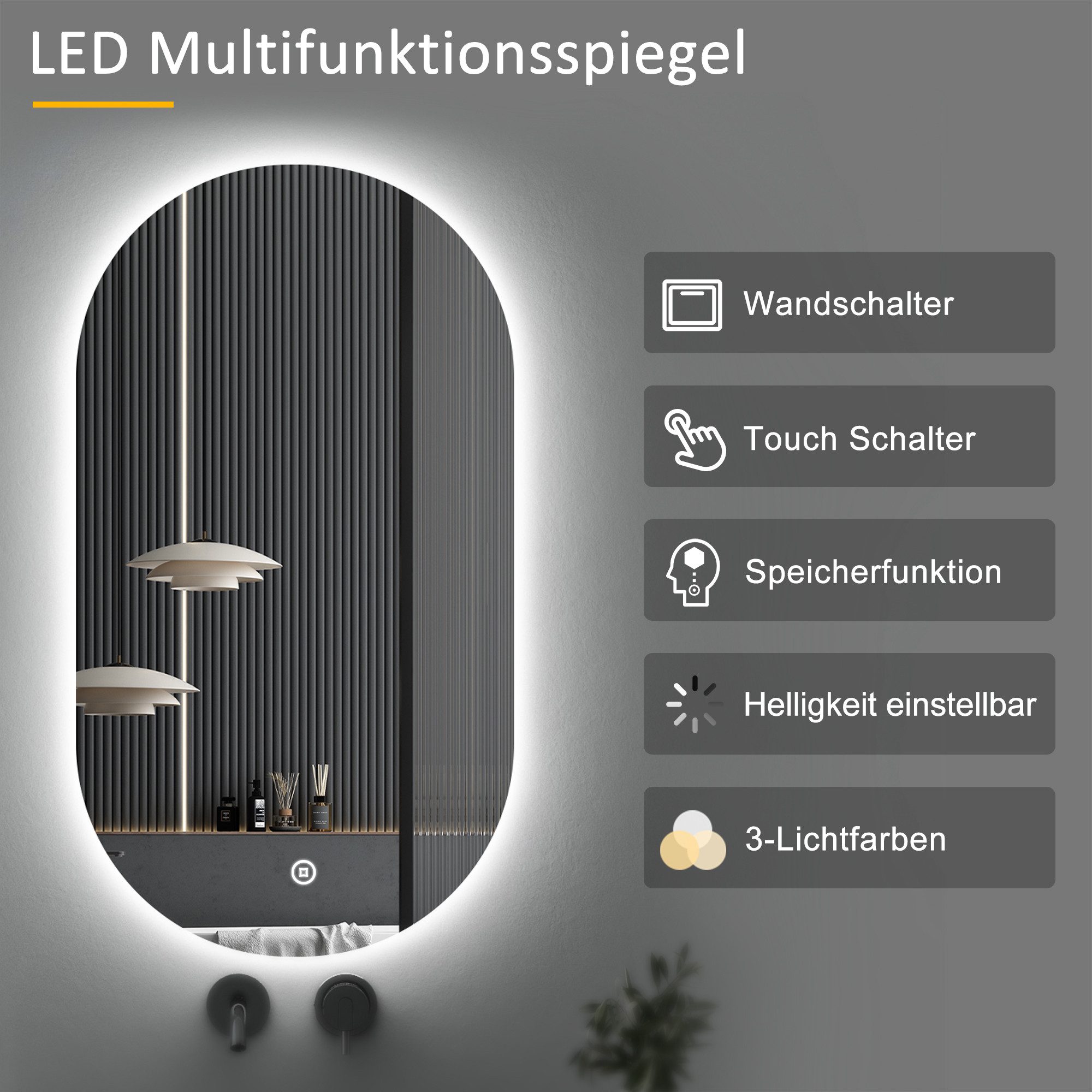 WDWRITTI Wandspiegel mit beleuchtung Badspiegel LED Touch Modern Dreifarbiges Dimmbar (LED Spiegel Bad, Rundbogen, 90x50cm), LED Multifunktionspiegel