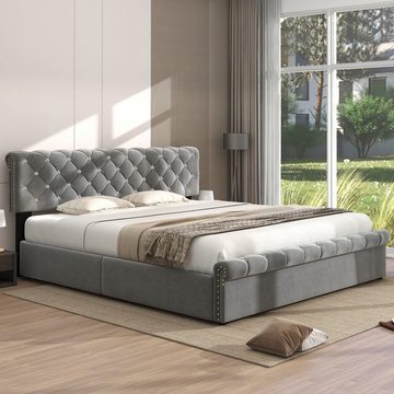 OKWISH Polsterbett Jugendbett (180*200 mit Lattenrost ohne Matratze), mit höhenverstellbares Kopfteil, Holzlattenunterstützung, Einfache Montage, Samt, grau