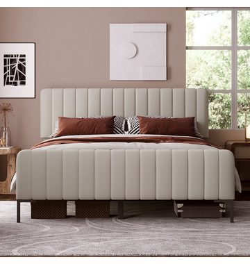 Letto imbottito per ragazzi OKWISH (140 x 200 cm), giroletto con rete a doghe e testiera regolabile, letto imbottito in beige