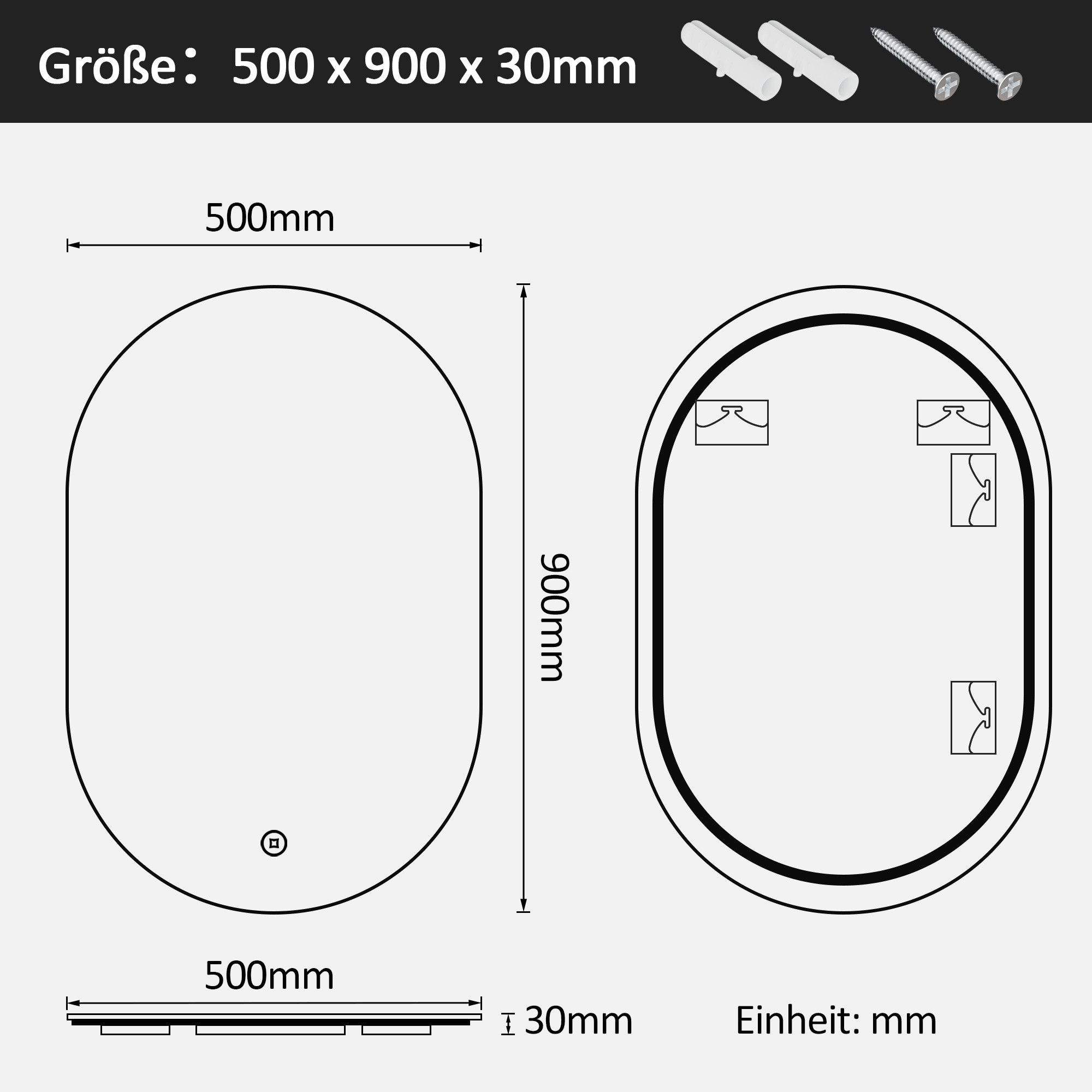 WDWRITTI Wandspiegel mit beleuchtung Badspiegel LED Touch Modern Dreifarbiges Dimmbar (LED Spiegel Bad, Rundbogen, 90x50cm), LED Multifunktionspiegel