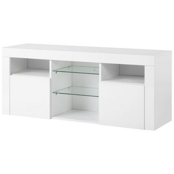 OKWISH TV-Schrank TV-Tisch, TV-Ständer mit 2 Schränken mit Türen und 5 offenen Regalen (Hochglanz-TV-Schrank Einstellbares LED-System, weiß 120*35*50cm Multifunktionale Aufbewahrung) 16-farbige LED-Beleuchtung, TV-Möbel für bis zu 55 Zoll Fernseher