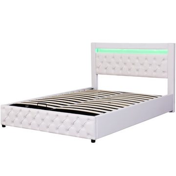 OKWISH Polsterbett Doppelbett Stauraumbett (Leder Bezug aus Hautfreundlicher Kunstleder), Funktionsbett mit Lattenrost und Stauraum, Mit LED-Beleuchtung