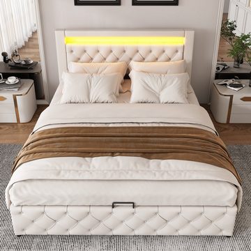OKWISH Polsterbett Doppelbett Stauraumbett (Leder Bezug aus Hautfreundlicher Kunstleder), Funktionsbett mit Lattenrost und Stauraum, Mit LED-Beleuchtung