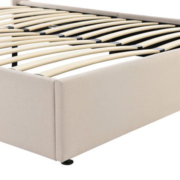 OKWISH Polsterbett Stauraumbett Hydraulisches Bett (140x200cm Beige Leinen ohne Matratze), Bett mit Lattenrost aus Metallrahmen