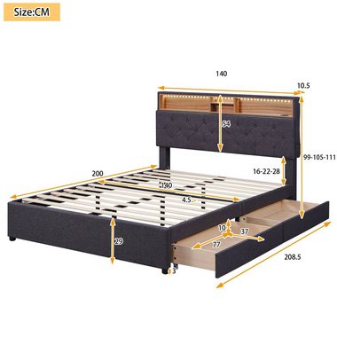 OKWISH letto imbottito letto matrimoniale letto contenitore con rete a doghe senza materasso (grigio, 140x200 cm), con USB ricarica e illuminazione LED