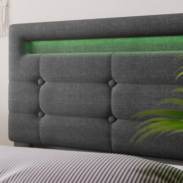 OKWISH Polsterbett (90x200cm(Ohne Matratze), 1-tlg., Bettgestell mit LED-Beleuchtung und 2 Schubladen), Höhenverstellbarem Kopfteil, Lattenrost aus Holz