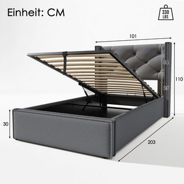 OKWISH Polsterbett Hydraulisches, 140x200cm,Bett mit Lattenrost aus Metallrahmen,Baumwolle, Inklusive Matratze