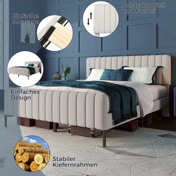 OKWISH Polsterbett Jugendbett (140 x 200 cm), Bettgestell mit Lattenrost und Verstellbares Kopfteil, Gepolstertes bett in Beige