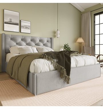 Letto imbottito idraulico OKWISH, 140x200cm, con rete a doghe in metallo, materasso incluso