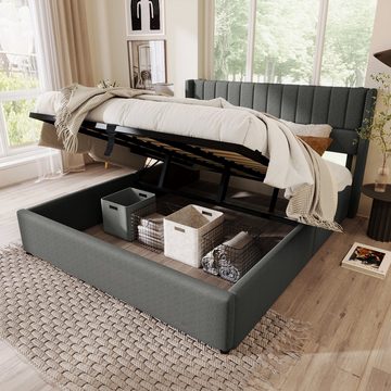 OKWISH Polsterbett Stauraumbett Hydraulisches Bett (160x200cm Beige Leinen ohne Matratze), Bett mit Lattenrost aus Metallrahmen