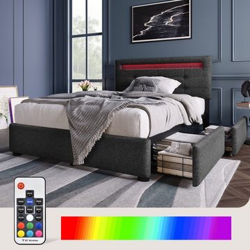 OKWISH Polsterbett (90x200cm(Ohne Matratze), 1-tlg., Bettgestell mit LED-Beleuchtung und 2 Schubladen), Höhenverstellbarem Kopfteil, Lattenrost aus Holz
