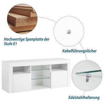 OKWISH TV-Schrank TV-Tisch, TV-Ständer mit 2 Schränken mit Türen und 5 offenen Regalen (Hochglanz-TV-Schrank Einstellbares LED-System, weiß 120*35*50cm Multifunktionale Aufbewahrung) 16-farbige LED-Beleuchtung, TV-Möbel für bis zu 55 Zoll Fernseher