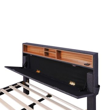 OKWISH Polsterbett Doppelbett Stauraumbett mit Lattenrost ohne Matratze (Grau, 140x200cm), mit aufladen USB und LED-Beleuchtung