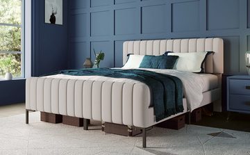 OKWISH Polsterbett Jugendbett (140 x 200 cm), Bettgestell mit Lattenrost und Verstellbares Kopfteil, Gepolstertes bett in Beige