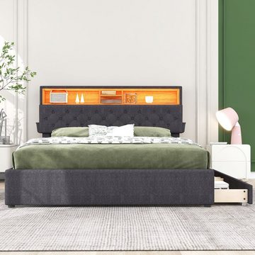 OKWISH Polsterbett Doppelbett Stauraumbett mit Lattenrost ohne Matratze (Grau, 140x200cm), mit aufladen USB und LED-Beleuchtung