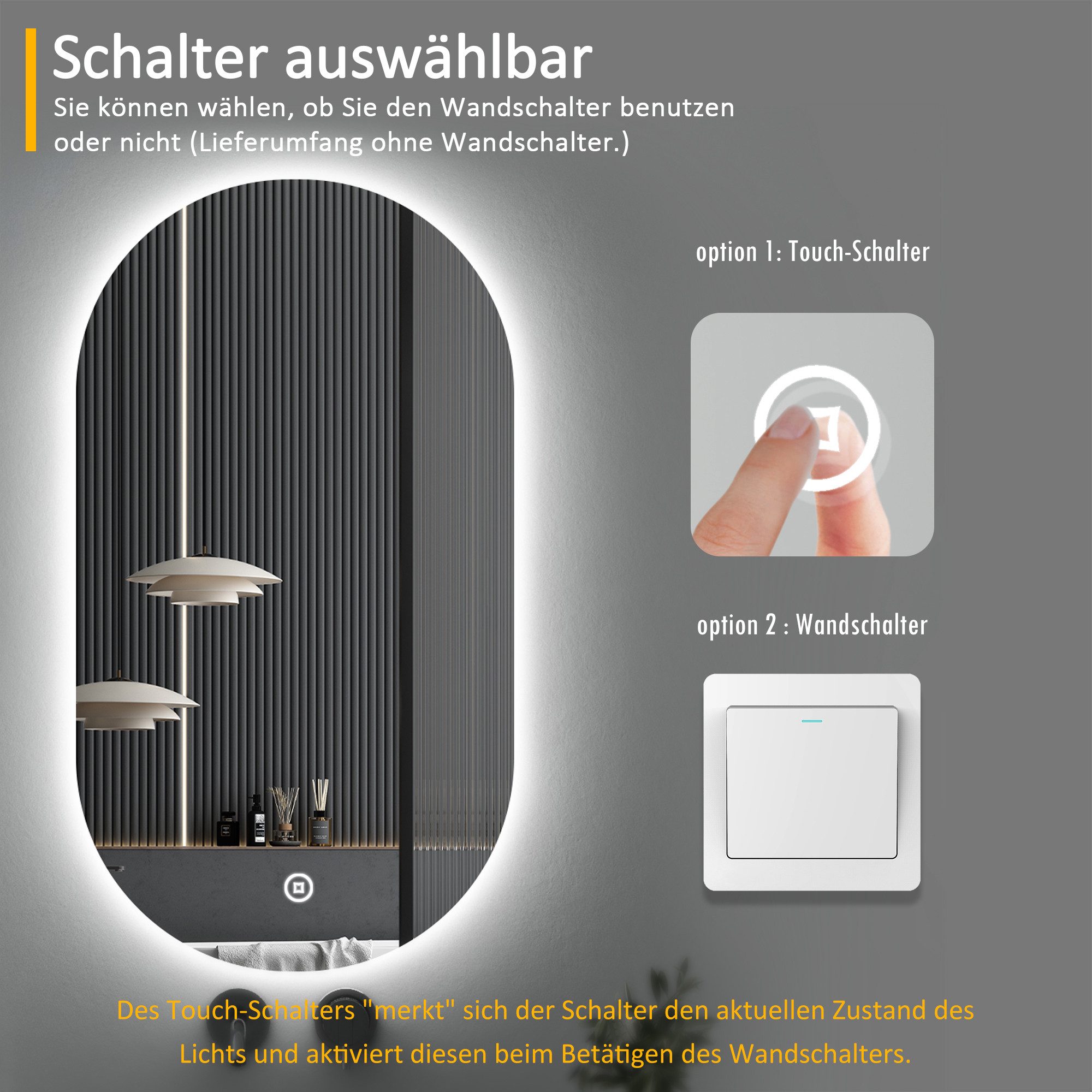 WDWRITTI Wandspiegel mit beleuchtung Badspiegel LED Touch Modern Dreifarbiges Dimmbar (LED Spiegel Bad, Rundbogen, 90x50cm), LED Multifunktionspiegel