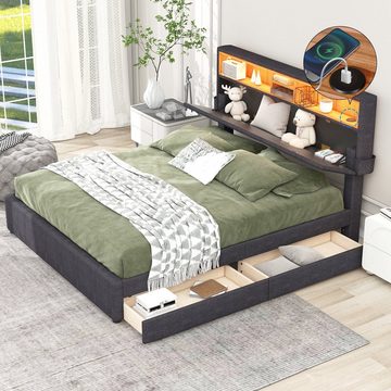 OKWISH letto imbottito letto matrimoniale letto contenitore con rete a doghe senza materasso (grigio, 140x200 cm), con ricarica USB e illuminazione a LED