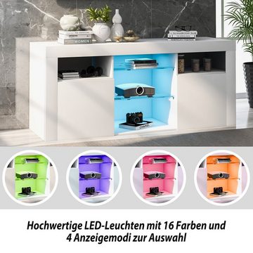 OKWISH TV-Schrank TV-Tisch, TV-Ständer mit 2 Schränken mit Türen und 5 offenen Regalen (Hochglanz-TV-Schrank Einstellbares LED-System, weiß 120*35*50cm Multifunktionale Aufbewahrung) 16-farbige LED-Beleuchtung, TV-Möbel für bis zu 55 Zoll Fernseher