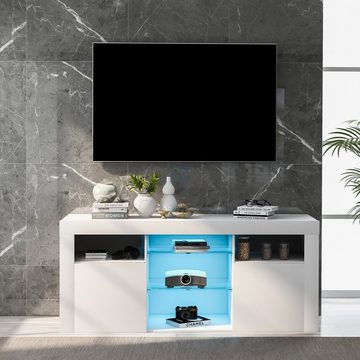 OKWISH TV-Schrank TV-Tisch, TV-Ständer mit 2 Schränken mit Türen und 5 offenen Regalen (Hochglanz-TV-Schrank Einstellbares LED-System, weiß 120*35*50cm Multifunktionale Aufbewahrung) 16-farbige LED-Beleuchtung, TV-Möbel für bis zu 55 Zoll Fernseher