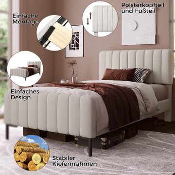 OKWISH Polsterbett Jugendbett (90x200cm Inklusive Matratze), Bettgestell mit Lattenrost und Verstellbares Kopfteil, Gepolstertes bett in Beige