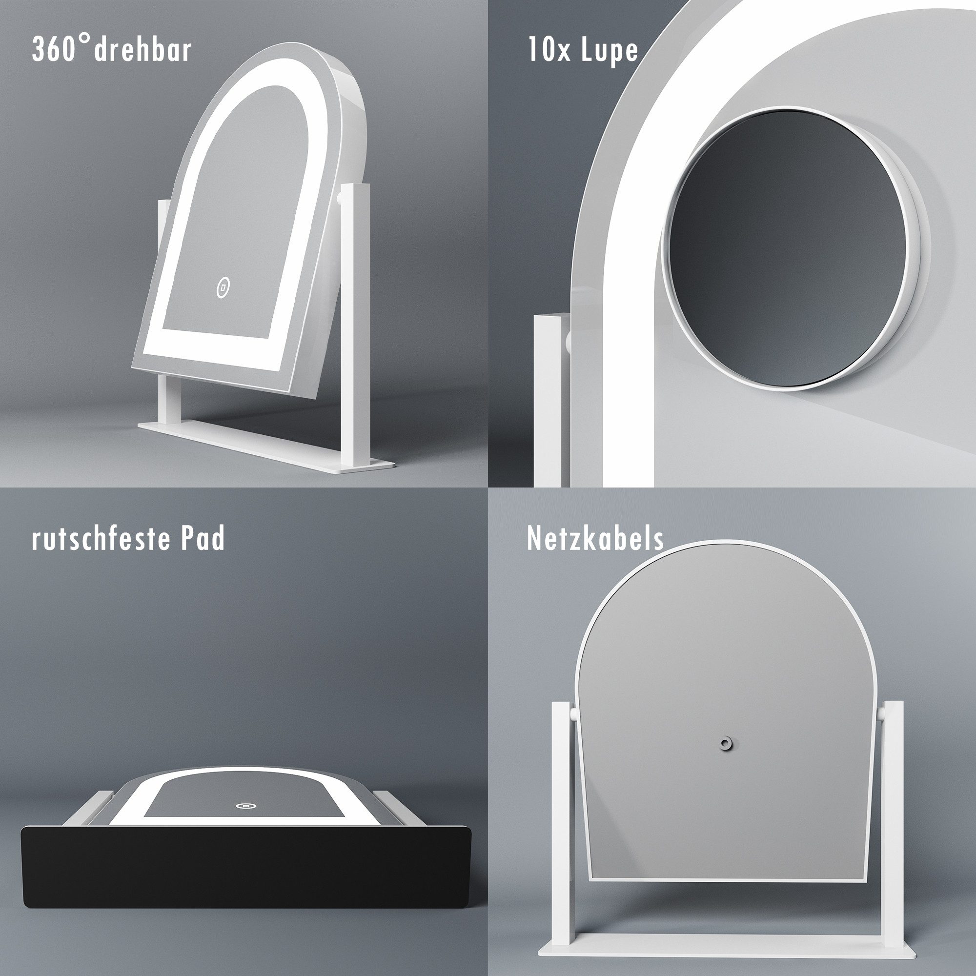 WDWRITTI Kosmetikspiegel mit licht LED Schminkspiegel 10x Vergrößerung (Tischspiegel, Kalt/Neutral/Warmweiß, Dimmbar, Speicherfunktion), 360°Drehbar, mit Netzadapter