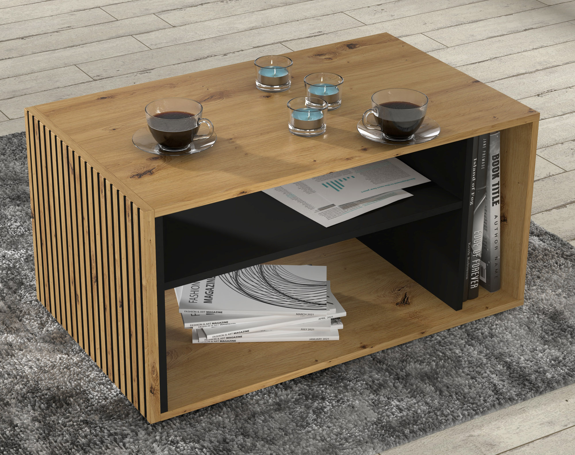Raumhirsch Table basse AURIS 88x45x55 cm Avec rangement chêne Artisan / noir – détail 1