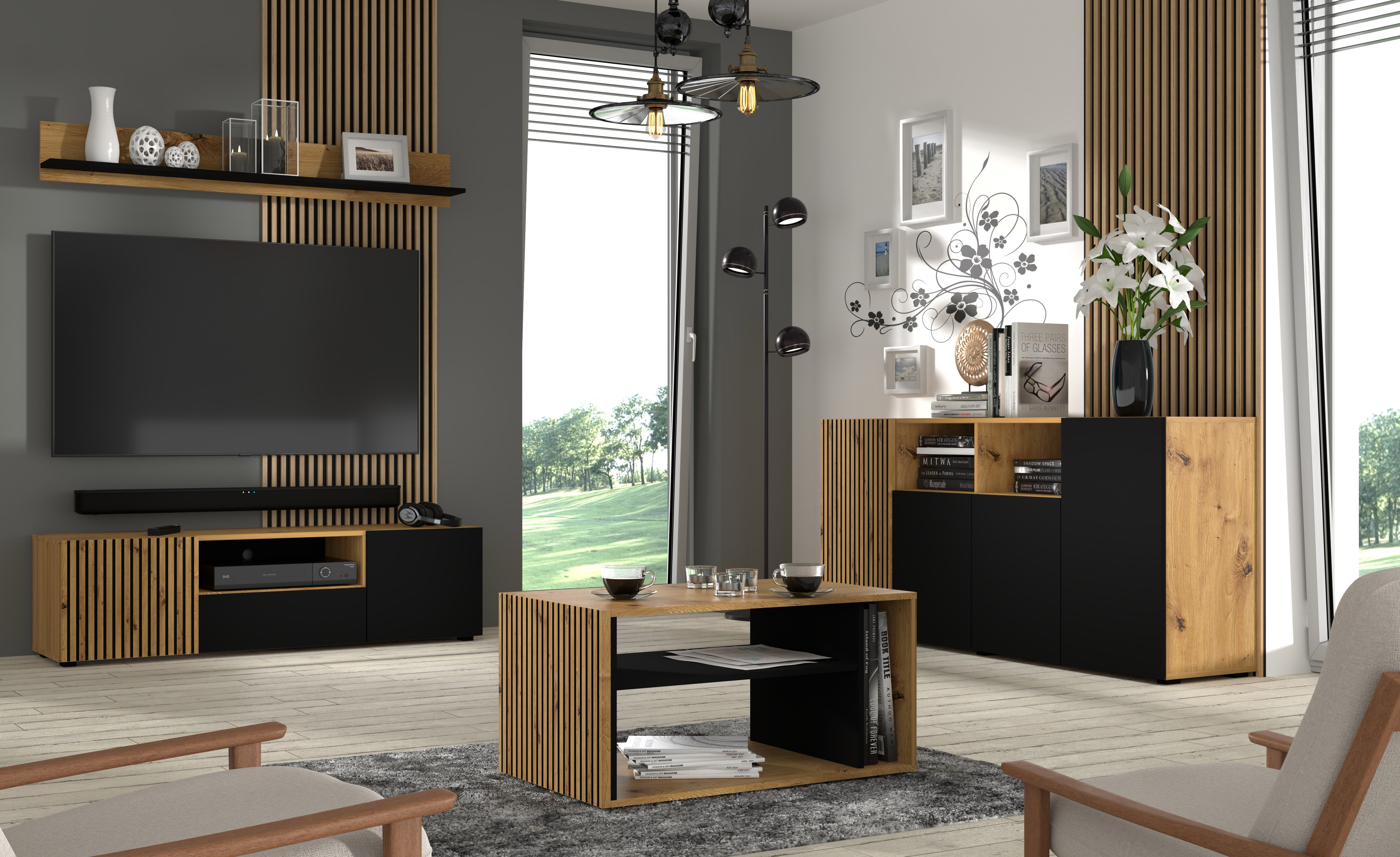 Raumhirsch Table basse AURIS 88x45x55 cm Avec rangement chêne Artisan / noir – vue complémentaire