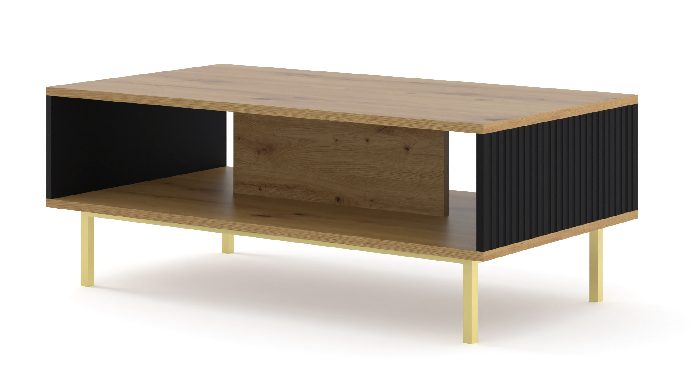Raumhirsch Table basse 90x45x60 cm Avec rangement chêne Artisan / noir / doré – vue principale