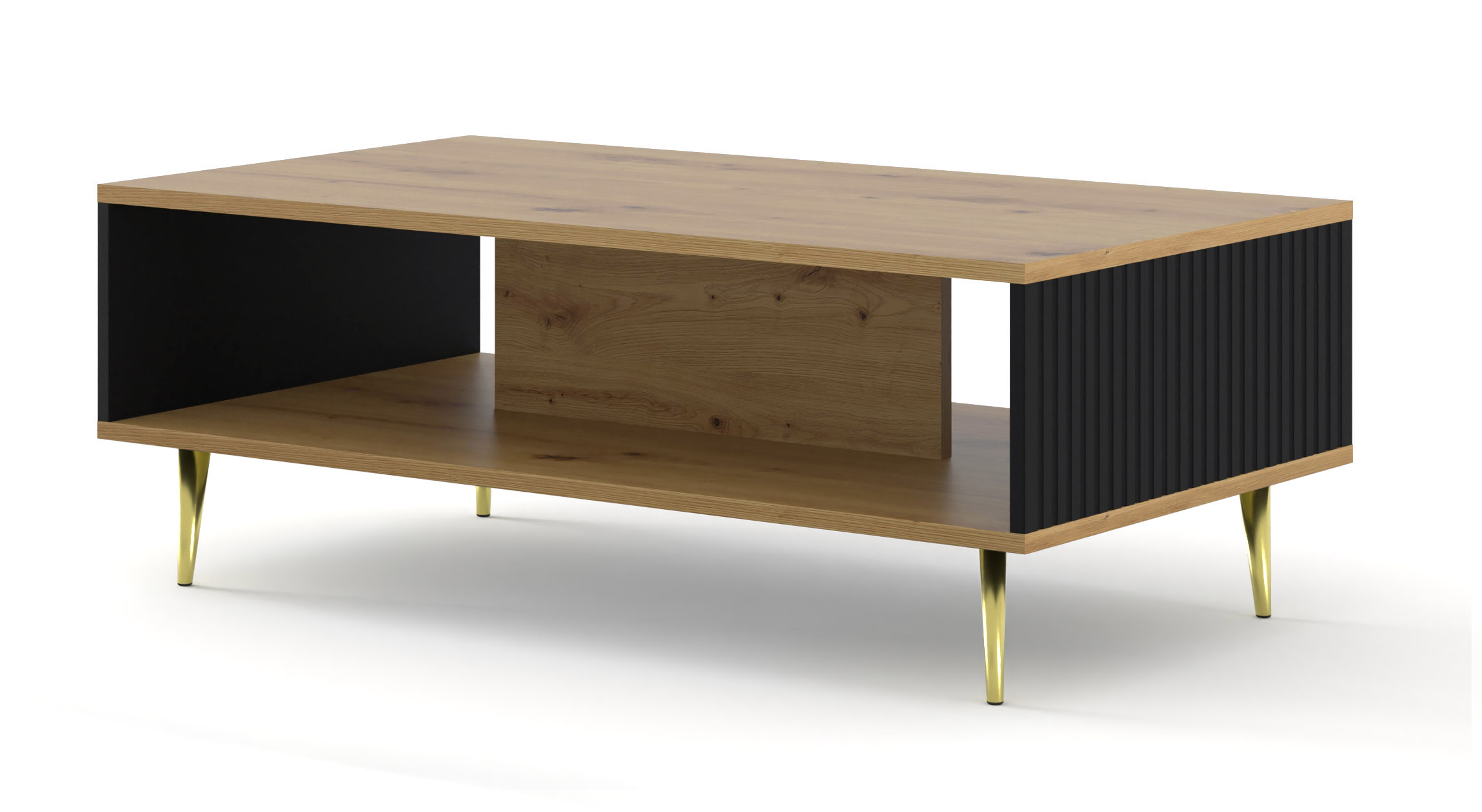 Raumhirsch Table basse 90x43x60 cm Avec rangement chêne Artisan / noir / doré – vue principale