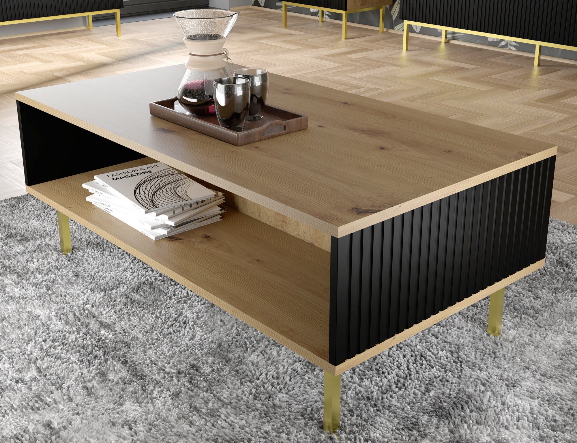 Raumhirsch Table basse 90x43x60 cm Avec rangement chêne Artisan / noir / noir – vue complémentaire