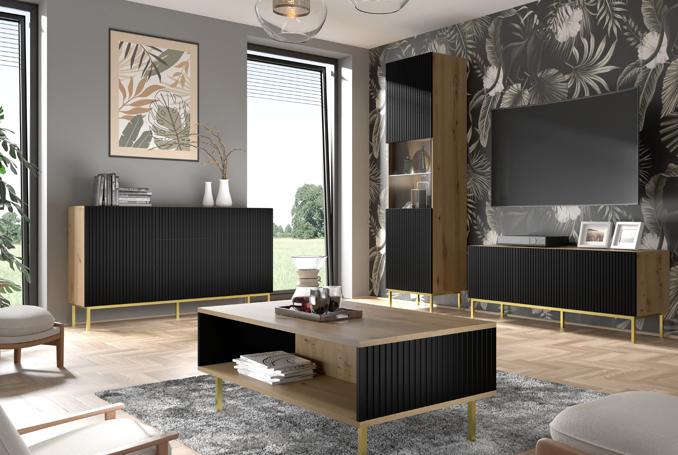 Raumhirsch Table basse 90x43x60 cm Avec rangement chêne Artisan / noir / noir – détail 1