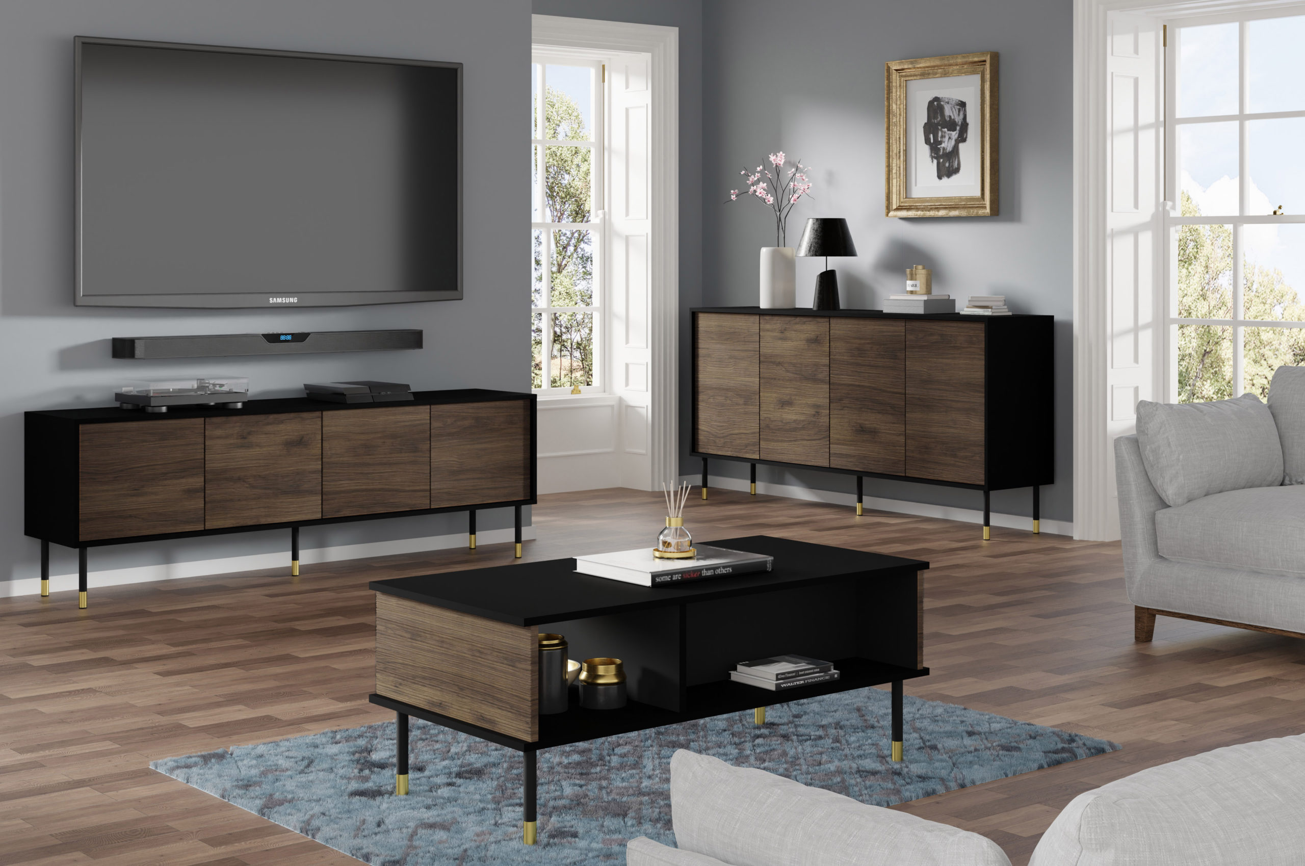 Raumhirsch Table basse 110x45x55 cm Avec rangement noir / chêne / doré – détail 1