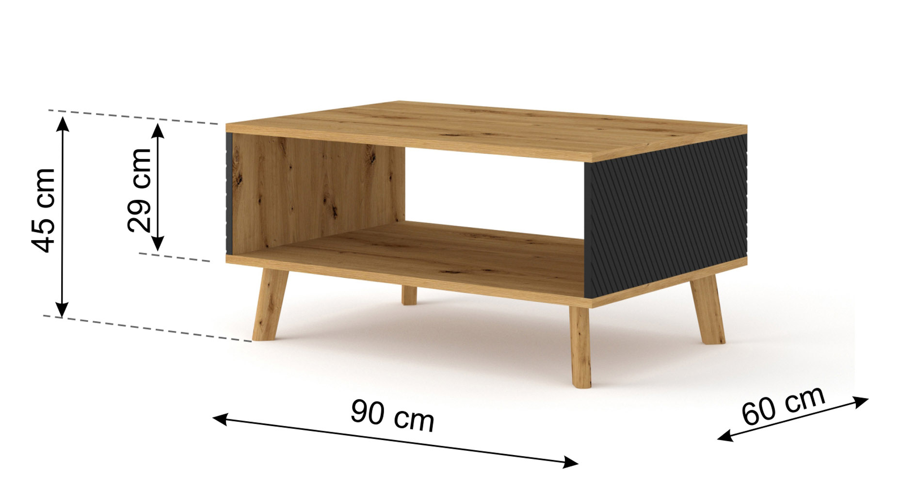 Raumhirsch Table basse 90x45x60 cm Avec rangement chêne Artisan / noir – dimensions