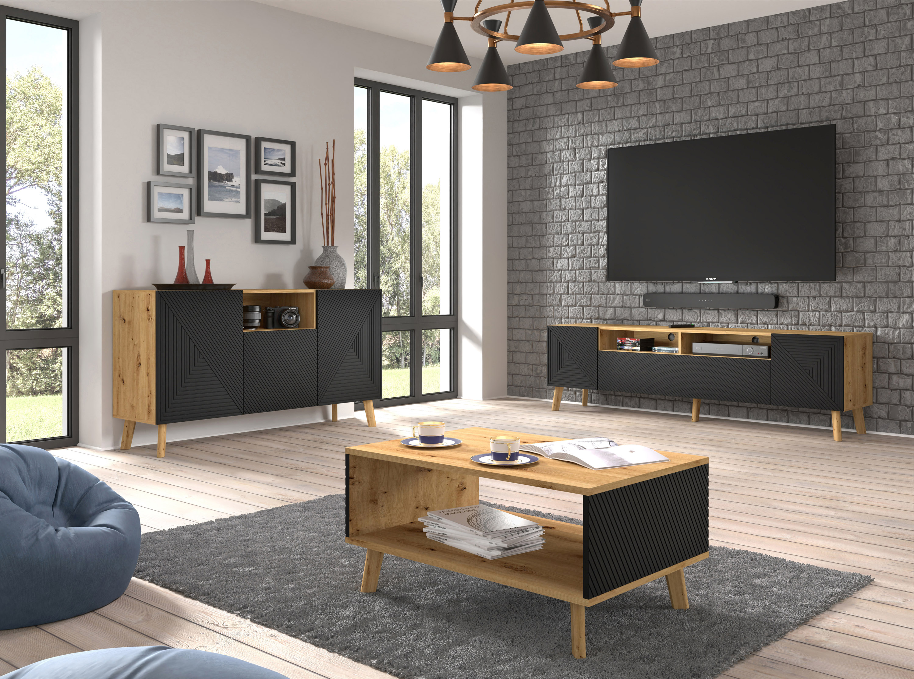 Raumhirsch Table basse 90x45x60 cm Avec rangement chêne Artisan / noir – vue complémentaire